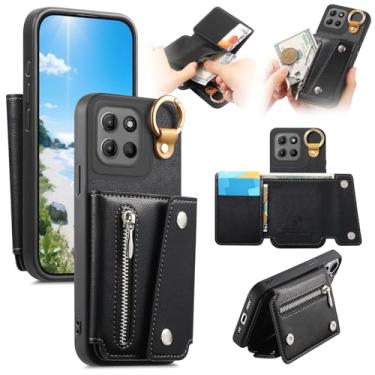 Imagem de Asuwish Capa de celular para Motorola Moto G15 capa de celular carteira com suporte com zíper e compartimento para cartão de crédito MotoG15 G 15 mulheres homens meninas preta