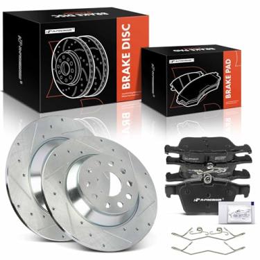 Imagem de A-Premium Rotores de freio a disco traseiro perfurado e ranhurado de 11,81 polegadas (300 mm) + kit de pastilhas de cerâmica compatível com modelos selecionados Volkswagen e Audi - Jetta 2019-2023,
