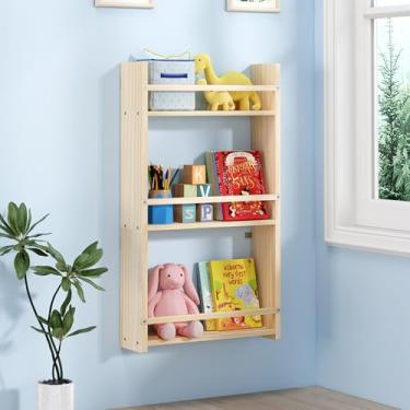 Imagem de Estante infantil montada na parede de 3 camadas, estante para pendurar para crianças, estante de armazenamento de brinquedos e livros no quarto, sala de estar e berçário, madeira maciça de pinheiro