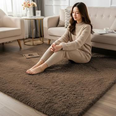 Imagem de Tapete Felpudo 100 x 130 cm Cinza Liso Shaggy Macio Antiderrapante | Decorativo para Sala de Estar Quarto Corredor Escritório | Peludo Confortável Moderno Aconchegante Fácil de Limpar (Tabaco)