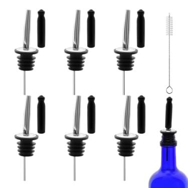 Imagem de 6 dosadores de garrafa e 6 peças de bico plano de borracha alongado para garrafas, despejadores de garrafa de licor para álcool, azeite de oliva, despejadores de bebidas com tampas de poeira