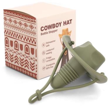 Imagem de Tampa de Garrafa de Vinho com Chapéu Cowboy, Divertida Silicone Vinho Decorativa Cortiça Champanhe para Presentear Mães e Pais para Selar e Manter os Vinhos Frescos (Verde)