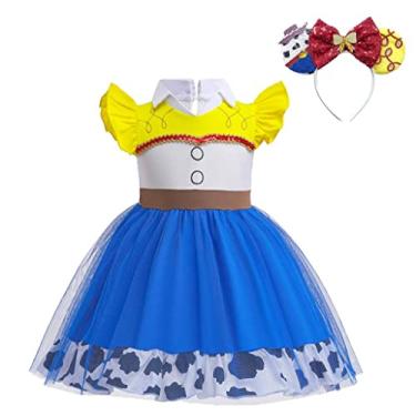 Imagem de Dressy Daisy Vestido de tule de vaqueira para meninas, fantasia de festa de Halloween, roupas de verão com faixa de cabeça tamanho 6-12 meses azul, estilo 25