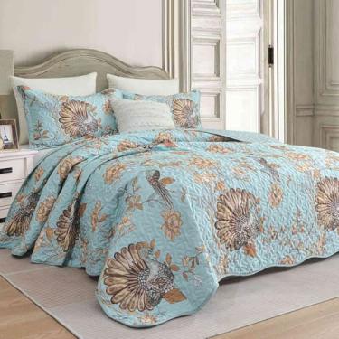 Imagem de Nanko Conjunto de colcha King Size 3 peças, azul petróleo, amarelo, floral, pássaro, grande, vieira, colcha, colchas macias, leves, colchas para cama, casa de fazenda, edredom acolchoado fino