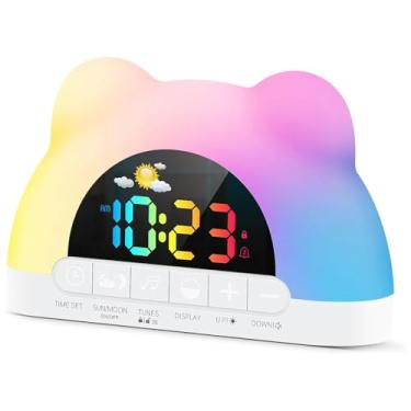 Imagem de Quanmin Despertador infantil – OK para despertar para crianças com luz noturna e simulação do nascer do sol, relógio de treino de sono, 10 toques, alarmes duplos, alimentado por USB – lindo relógio