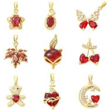 Imagem de UR URLIFEHALL 9 peças pingentes de zircônia cúbica vermelha gota estrela urso borboleta pingentes pingentes para pulseira faça você mesmo, colar, brincos, fabricação de joias