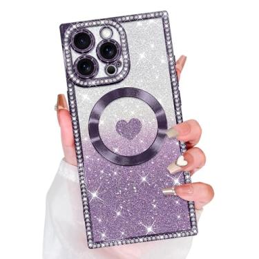 Imagem de Bonoma Glitter magnético para iPhone 16 Pro [compatível com MagSafe], capa retangular de luxo com estampa de coração de amor, proteção de câmera, capa traseira macia brilhante para mulheres e meninas