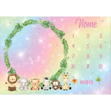 Imagem de Painel de Tecido Sublimado Mesversário Bebê Menina Animais Safari Cute