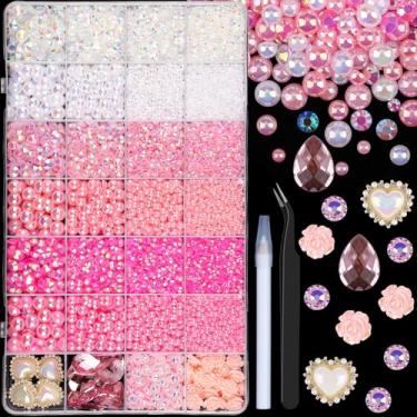 Imagem de 11200 peças de pérolas planas e strass de resina para artesanato, rosa branco 3-8 mm meias pérolas e strass de gelatina de 3-6 mm com ferramentas de captação, pedras em gota para artesanato DIY arte