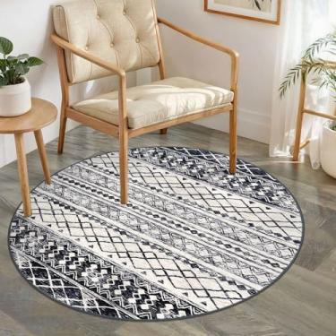 Imagem de KUTA Tapete redondo lavável 1,5 m Boho preto azul-marinho tapetes de entrada, tapete de cozinha marroquino antiderrapante, macio envelhecido geométrico baixo círculo arremesso para corredor, quarto