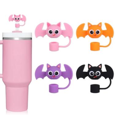 Imagem de Whaline 4 peças de cobertura de palha de morcego de Halloween fofo rosa roxo laranja preto bastão de silicone topo reutilizável 10 mm 0,4 polegadas protetor de tampa de canudo para acessórios de copo