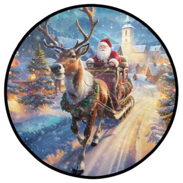 Imagem de Tapete redondo de 0,9 m trenó com Papai Noel, antiderrapante, lavável, tapete redondo, para sala de estar, quarto, sala de jantar, entrada, sofá, decoração de casa