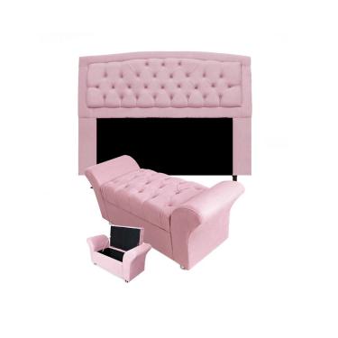 Imagem de Cabeceira Geovana e Calçadeira Veneza Estofada Casal 140cm Suede Rosa Bebe - LM DECOR