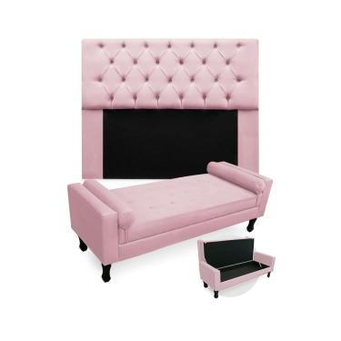 Imagem de Conjunto Cabeceira Mirage Com Recamier Baú Fenix Casal 140 cm Suede Rosa Bebe - LM DECOR