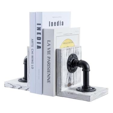 Imagem de Bookends MyGift em madeira caiada de branco com design de tubulação in