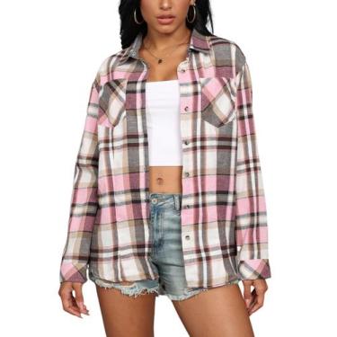 Imagem de Camisa de flanela KevaMolly xadrez de manga comprida para mulheres ros