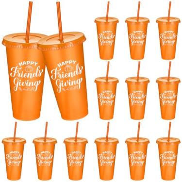 Imagem de Yungyan 24 peças de presente de Ação de Graças Feliz Amigo a granel 680 g Outono Laranja Abóbora Copos de Café Plástico com Canudos e Tampas Artigos de Festa de Encontro de Amigos