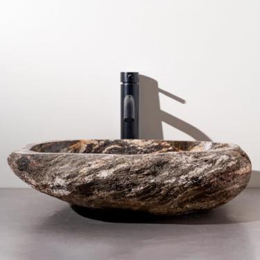 Imagem de MIDUSO Pia de embarcação de pedra irregular 100% feita à mão; pia de pedra real; pia de embarcação exclusiva; acima do balcão; pia de rocha de rio; banheiros rústicos de pias; Irre RiverStone 220