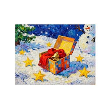 Imagem de Pinturas em tela Natal-Quadros Decoração de Parede-Caixa presente sino-Inverno Paisagens Impressões para Sala de Estar 60x80cm Sem Moldura