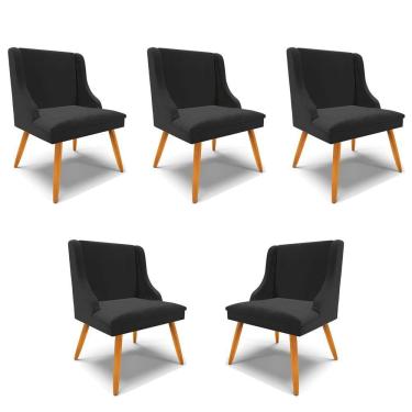 Imagem de Kit 5 Cadeiras Decorativas Sala De Jantar Pés Palito De Madeira Firenze Veludo Preto/natural G19