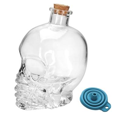 Imagem de REUJIHXY Garrafa de vidro com design de caveira de 400 ml cobre a boca, garrafa de uísque com tampa de cortiça e funil de gel de sílica (transparente)
