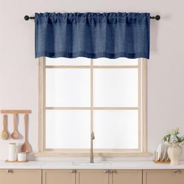 Imagem de Chyhomenyc Saia azul marinho para janelas, cortina curta com filtro de luz de linho sintético texturizada, pequena para cozinha, bolso de haste, cortina curta para banheiro, porão, casa de fazenda