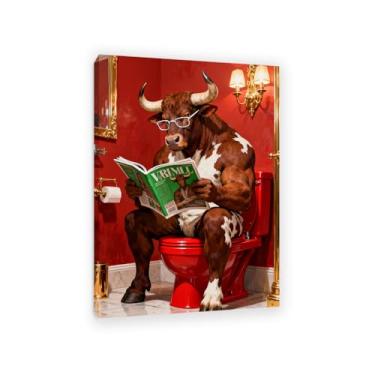 Imagem de Decoração de parede de banheiro engraçada emoldurada prata espelho vermelho leitura no vaso sanitário impressão animal humor pinturas em tela arte banheiro banheiro decoração de casa 55 x 40 cm (22 x