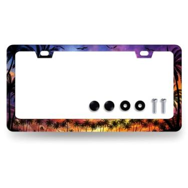 Imagem de Moldura para placa de licença de praia com palmeiras Havaí, suporte universal de aço inoxidável, peças automotivas de aço inoxidável com 2 furos e parafusos 31 cm x 15,7 cm para decoração de carros