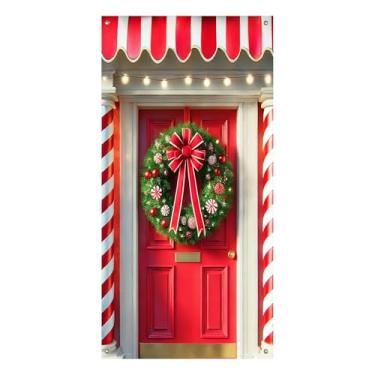 Imagem de BlissYard Capa de porta de Natal, decorações de portas internas para ambientes externos com bengalas de doces festivas e uma guirlanda de inverno, portas festivas, mural, tema de Natal, decoração de