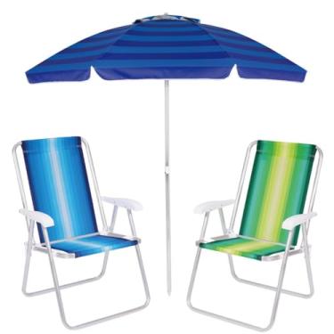 Imagem de Kit Praia 2 Cadeiras Alta Guarda Sol Alumínio Articulado 2 Metros Sombreiro Praia Piscina - Mor (Azul)