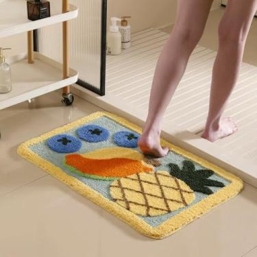 Imagem de Tapete de banheiro de frutas mistas azul claro, tapete de banho macio absorvente abacaxi manga mirtilo com suporte antiderrapante, tapete lavável na máquina para entrada do quarto, pia da cozinha 50 x