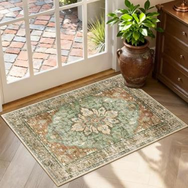 Imagem de RELEANY Tapetes de área 6 x 7 cm lavável aspirador de pó, antiderrapante, floral, vintage, estampa de angústia, tapete medalhão para sala de estar, quarto, vermelho tijolo, ferrugem, neutro, marrom