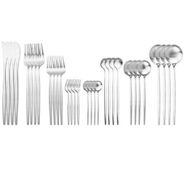 Imagem de JASHII Conjunto de talheres de aço inoxidável de 32 peças com colher de café, colher de cabo longo, serviço de talheres premium para 4 utensílios de acabamento acetinado para casa (prata)