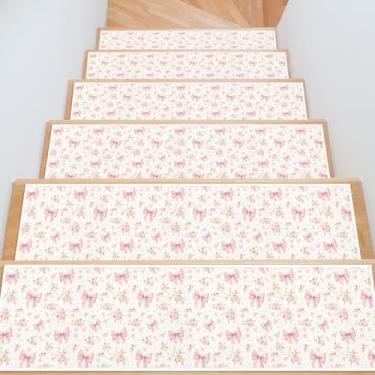 Imagem de InIsaJace Tapete antiderrapante para escadas, pacote com 15 tapetes de escada de flores rosa para degraus de madeira internos, tapetes florais laváveis com suporte de silicone para crianças, idosos e