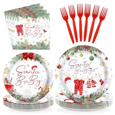 Imagem de 96 peças de decorações de festa de bebê de Natal, pratos e guardanapos de chá de bebê, conjuntos de utensílios de mesa para inverno, Natal, férias, verde e vermelho, suprimentos para festa de