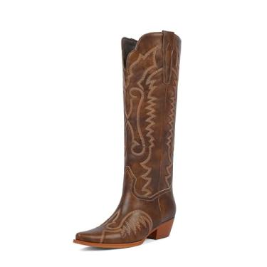 Imagem de Easyfox Botas femininas caubói, cano alto, botas de cowgirl, salto grosso, bordadas, botas ocidentais para mulheres, Marrom, 41