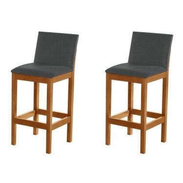 Imagem de Kit 2 Banquetas Alta Luxo Pérola Com Encosto Estofada Em Veludo Cinza Madeira Maciça Castanho
