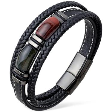 Imagem de VANFORWYN Pulseira masculina olho de tigre de couro trançado preto com proteção de pedra natural pulseira de aço inoxidável presente para ele, Large, Couro, Sem Pedra Preciosa