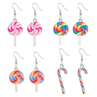 Imagem de ONLYJUMP 2 pares de brincos de bengala doce de pirulito de Natal para mulheres, engraçados, alimentos coloridos, espirais de bengala doce, brincos de açúcar para presente de Natal, Large, Liga de aço