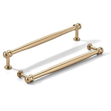 Imagem de khtumeware Pacote com 2 puxadores de armário de latão escovado central de 10 polegadas (256 mm), alça sólida para armário de cozinha resistente, ferragens de armário para penteadeira, puxador de