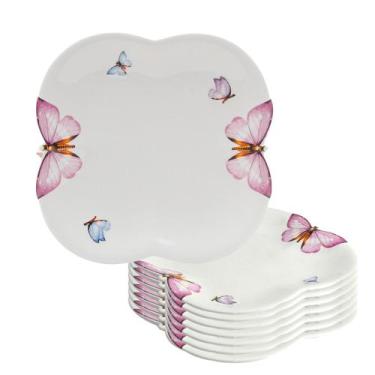 Imagem de Jogo 8 Prato de Sobremesa Borboletas 19cm Porcelana Branco Wolff