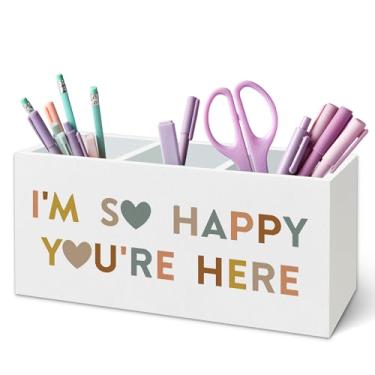 Imagem de TWRVI Suporte de caneta Boho para sala de aula infantil, para mesa, decoração de sala de aula, I'm So Happy You're Here, suporte de lápis de madeira para quarto de crianças, quarto, sala de jogos