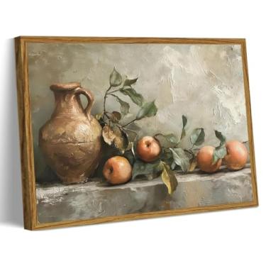 Imagem de Arte de parede em tela de cozinha estética retrô emoldurada pintura a óleo abstrata natureza morta de pintura de colheita de maçã decoração de parede rural fazenda fruta pôster impressão arte para