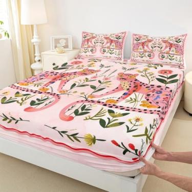 Imagem de Jogo de lençol casal de guepardo rosa, folhas florais fofas, 3 peças, para decoração de quarto de crianças, meninas, meninos, mulheres, animais selvagens da África, estampa de leopardo rosa (sem