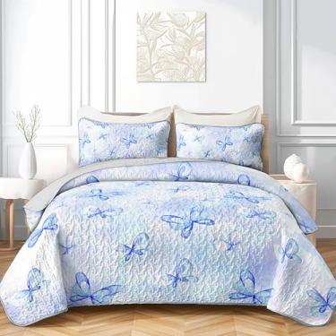 Imagem de QOOMO Conjunto de colcha infantil com laço de borboleta, tamanho solteiro, 3 peças, conjunto de colcha com estampa de gravata borboleta azul, conjunto de cama leve de microfibra macia com 2 fronhas