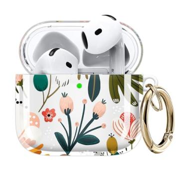 Imagem de Capa compatível com AirPods 4 2024 - Capa de TPU transparente com chaveiro dourado e carregamento sem fio (flores verdes, bagas e folhas)