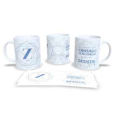 Imagem de Caneca de Cerâmica Personalizada com Monograma e Frase Motivacional, Mármore Branco e Azul, 325ml, Design Geométrico (z)