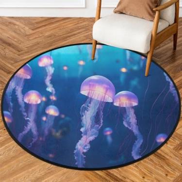 Imagem de Tapete redondo de 1,5 m de altura, água-viva, oceano, roxo, macio, antiderrapante, lavável, tapete circular, tapete redondo, interior, quarto, berçário, sala de estar, cozinha, casa de banho, entrada