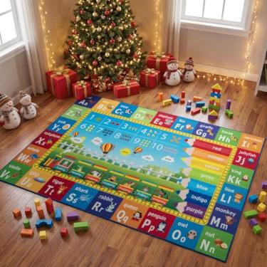 Imagem de Unirea 8x10 Kids Rug for Playroom Classroom Bedroom, Washable Educational Play Mat with ABC Alphabet, Numbers, Animals for Living Room, Nursery, Colorful Learning Carpet for Toddlers, Rainbow