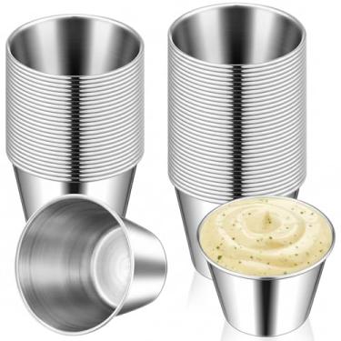 Imagem de Roshtia 24 peças de copos de molho de aço inoxidável a granel, 70 g copos de molho de ramequins de metal reutilizáveis tigelas de condimento empilháveis redondas individuais tigelas de imersão mini
